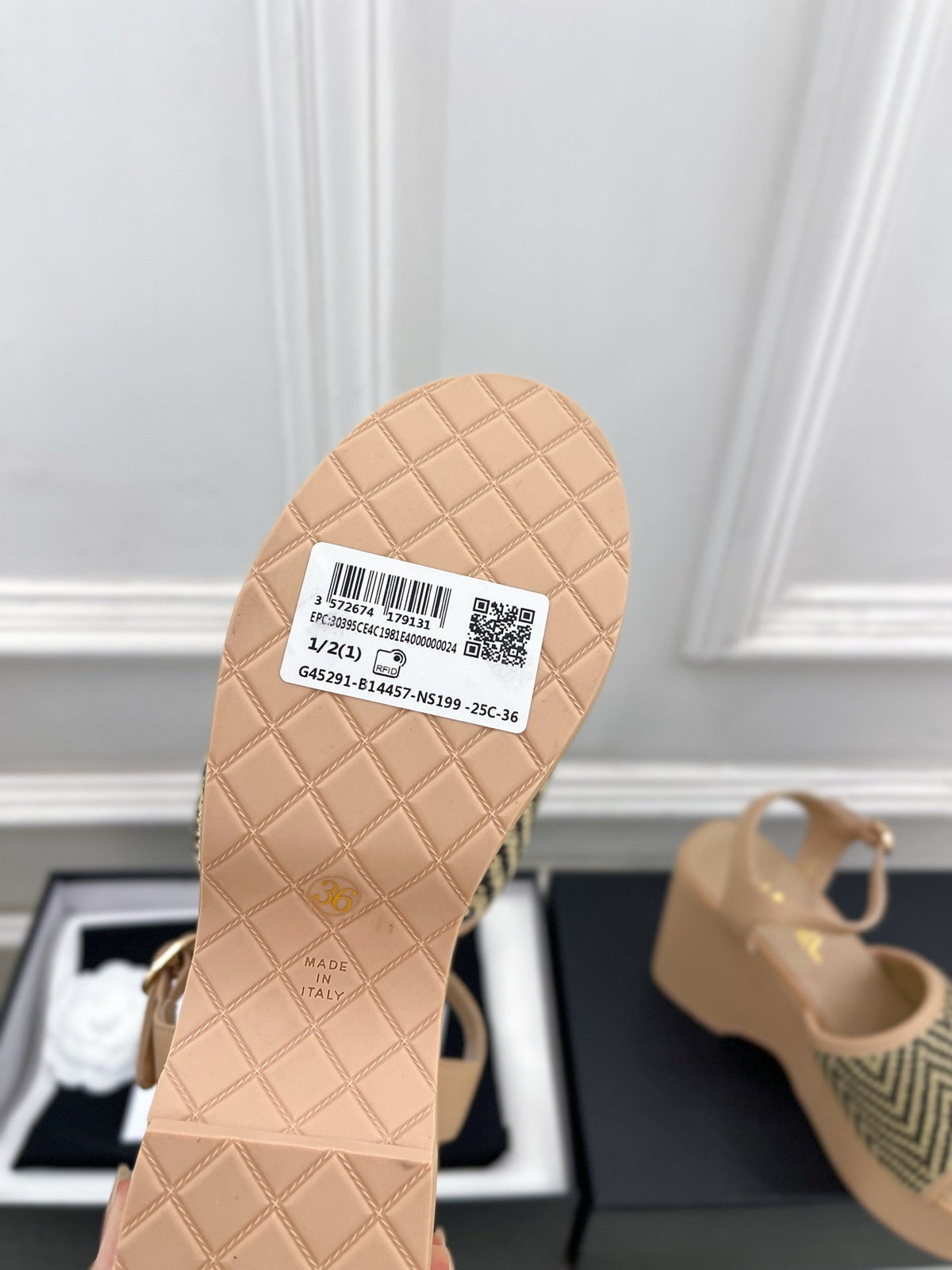 CC Double C Platform Wedge Sandals 10cm Beige Tweed 891782