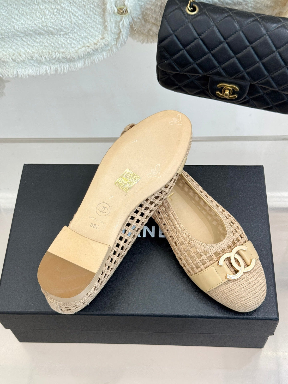 CC Mesh Woven Ballet Flats Beige Woven Fabric 904674