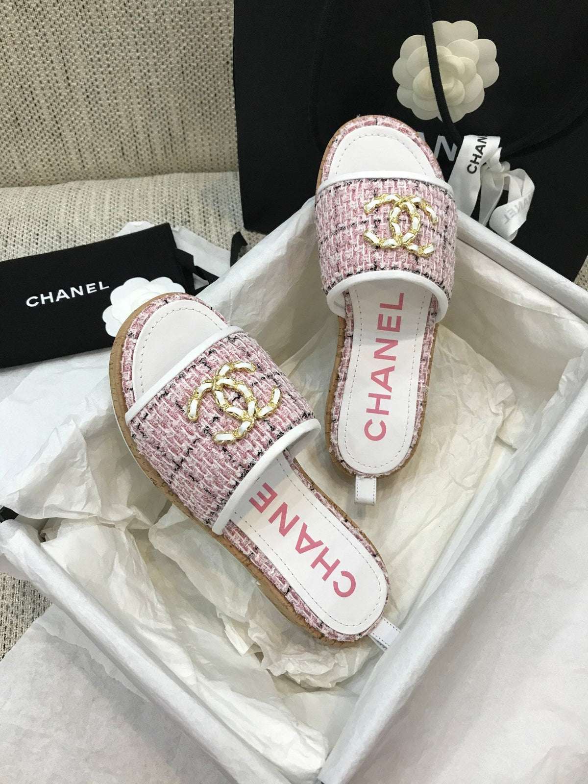 CC 26s Wooden Slippers White Pink Tweed Lambskin 916905