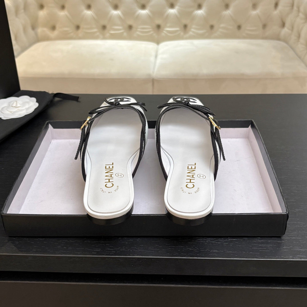 CC 26s Square Head Flat Half Slipper Black Leather 847246