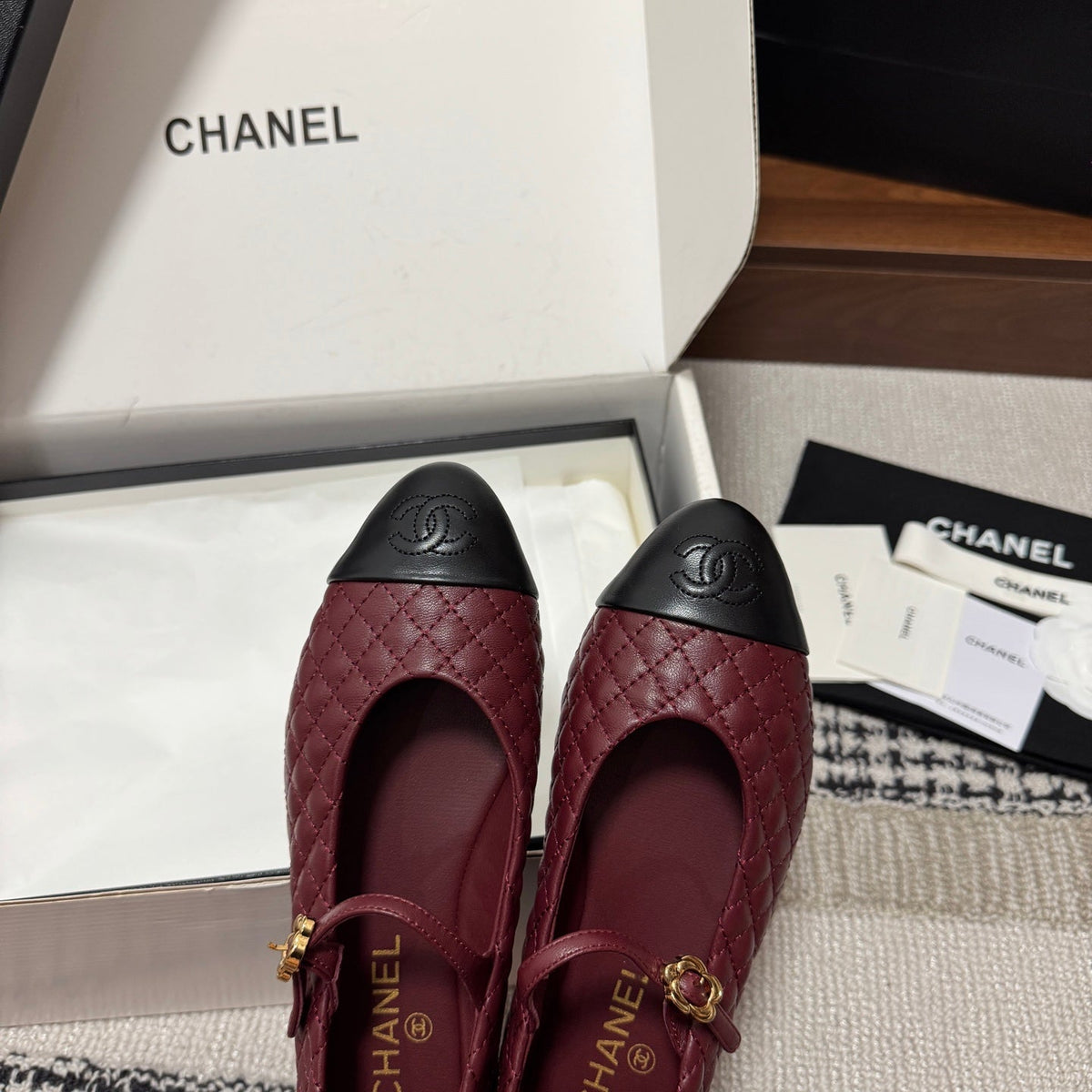 CC 25SS Mary Jane Quilted Burgundy Black Lambskin Leather 862427