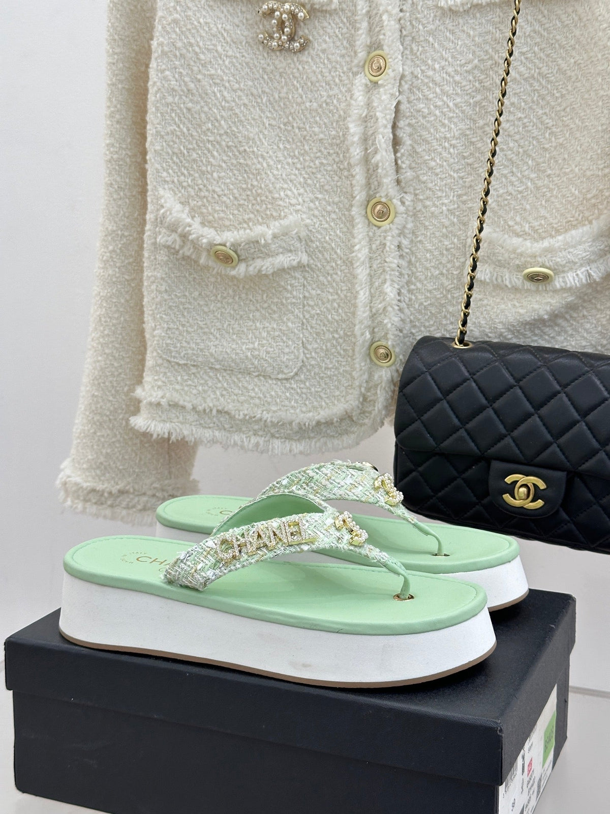 CC Crystal Logo Platform Thong Sandals Lime Green Tweed 887784