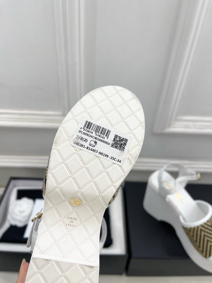 CC Double C Platform Wedge Sandals 10cm White Tweed 891781
