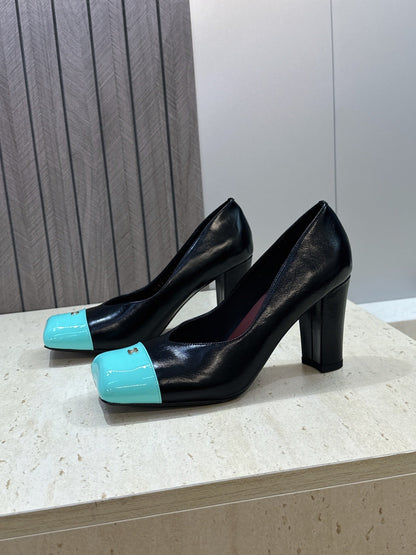 CC Square Toe Block Heel Pumps 90mm Black Teal Patent Leather 896863