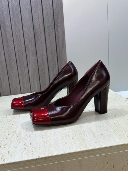 CC Square Toe Block Heel Pumps 90mm Burgundy Patent Leather 896862