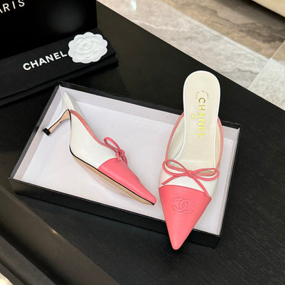 CC Bow Pointed Toe Mules Pink White Leather 912940