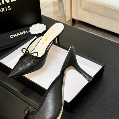 CC Bow Pointed Toe Mules Black Leather 912936