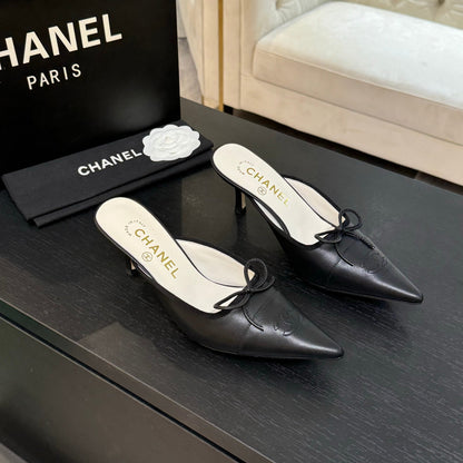 CC Bow Pointed Toe Mules Black Leather 912936