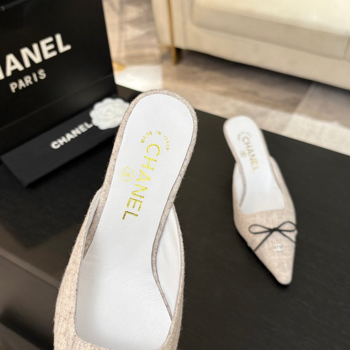 CC Bow Pointed Toe Mules 6.5cm Beige Tweed 912921
