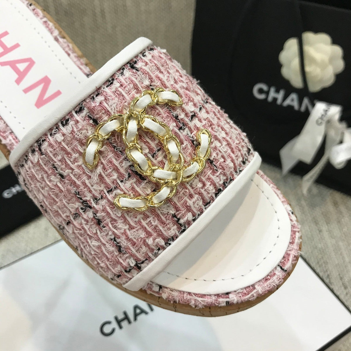 CC 26s Wooden Slippers White Pink Tweed Lambskin 916905