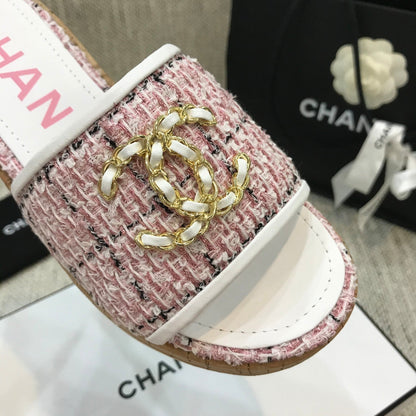 CC 26s Wooden Slippers White Pink Tweed Lambskin 916905
