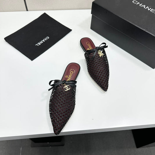 Chanel 2026 Pointed-Toe Bow Mules Mesh Sheepskin 925800