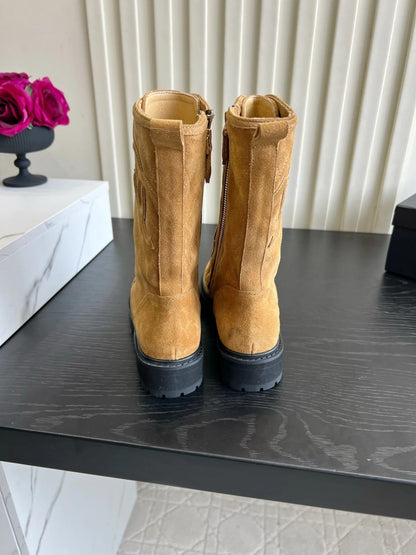 Chanel 2026 Quilted Logo Lace Up Tall Combat Boots Suede Cowhide 977208