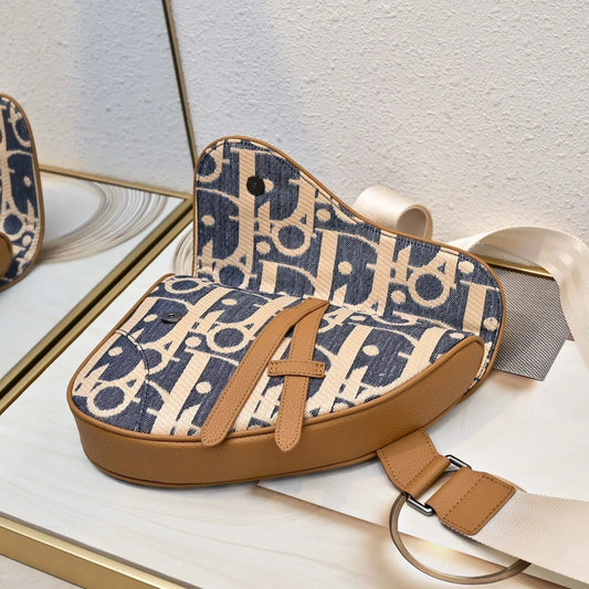 Dior 2026 Saddle Oblique Bag 28.6cm Blue Brown Denim Calfskin