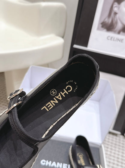 Chanel 26S Mary Jane Flats In Black Lambskin Espadrille Sole