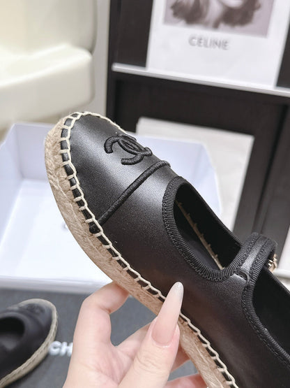 Chanel 26S Mary Jane Flats In Black Lambskin Espadrille Sole