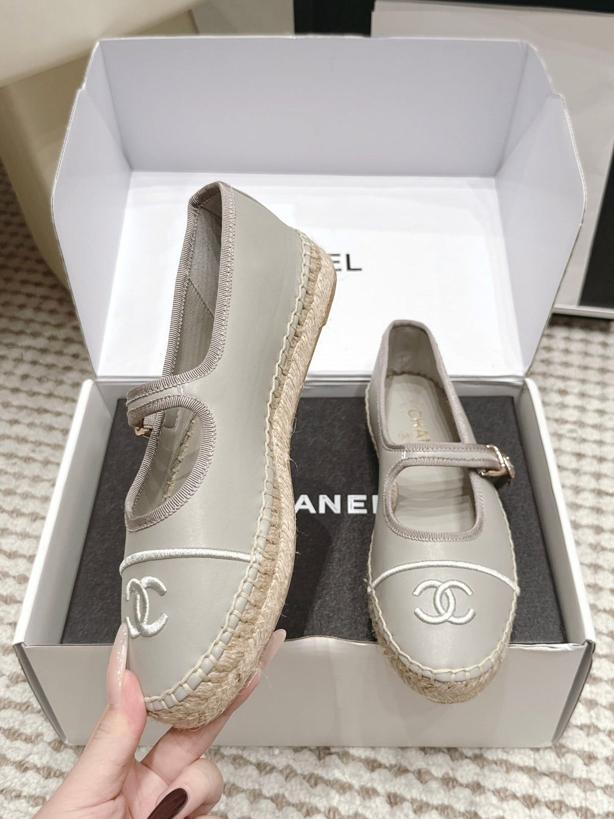 Chanel 26S Mary Jane Flats In Grey Lambskin Espadrille Sole