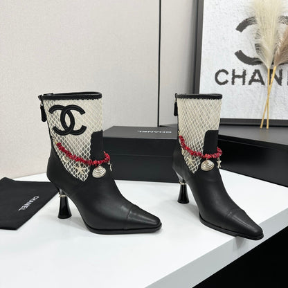 CC 26s Ankle Boots Seashell Charms Black White Mesh Leather 944675