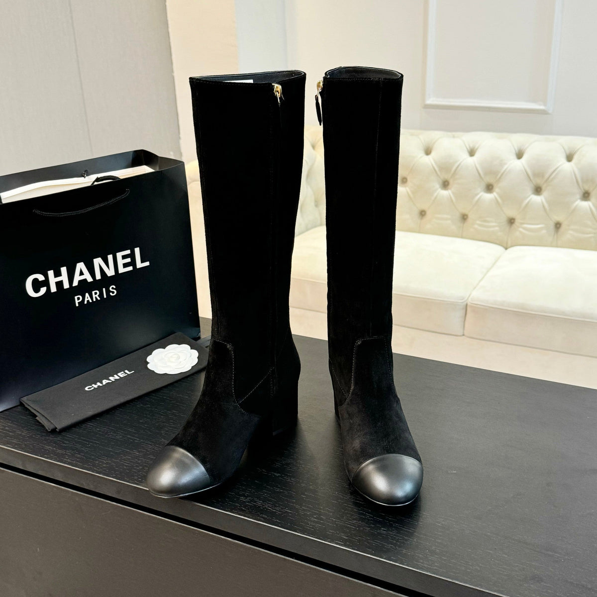 CC 26s Block Heel Long Boot 4.5cm Black Suede Lambskin 957795