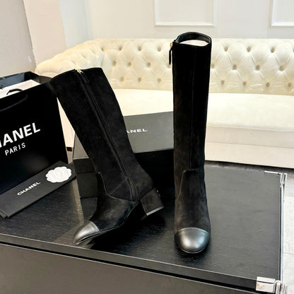 CC 26s Block Heel Long Boot 4.5cm Black Suede Lambskin 957795