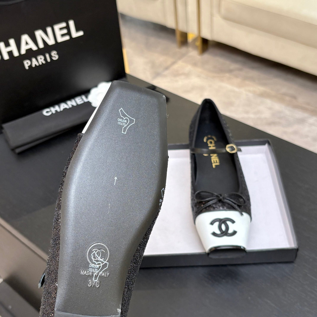 CC 26s Square Head Ballet Flat Black Sequin Leather 847241