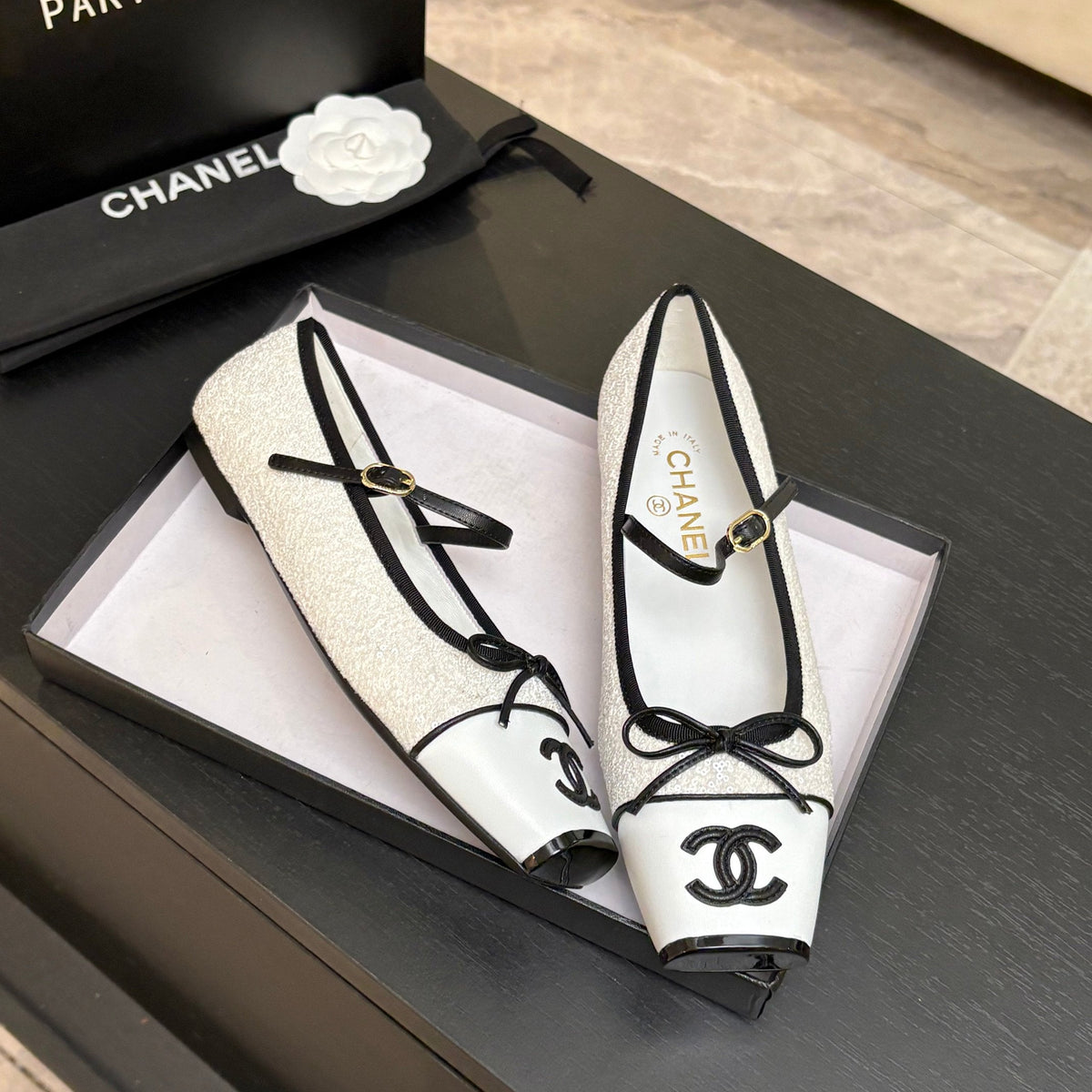 CC 26s Square Head Ballet Flat White Sequin Leather 847242