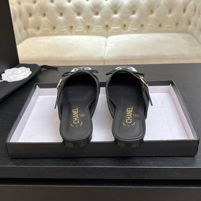 CC 26s Square Head Flat Half Slipper Black Leather 847247