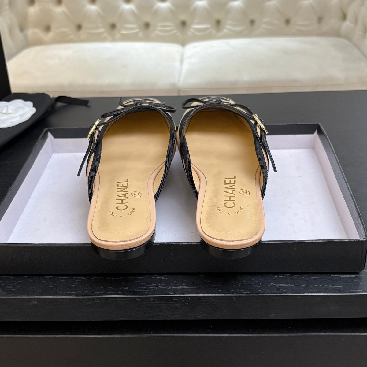CC 26s Square Head Flat Half Slipper Beige Leather 847248