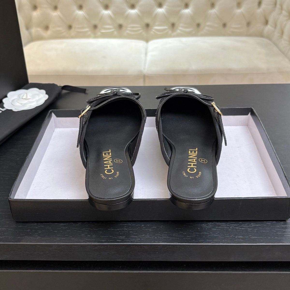 CC 26s Square Head Flat Half Slipper Black Sequin Leather 847249