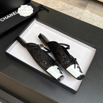CC 26s Square Head Flat Half Slipper Black Sequin Leather 847249