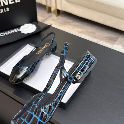 CC 26s Classic Slingback Flat Black Blue Crocodile Embossed Patent Leather 907633