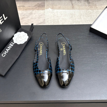 CC 26s Classic Slingback Flat Black Blue Crocodile Embossed Patent Leather 907633