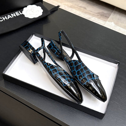 CC 26s Classic Slingback Flat Black Blue Crocodile Embossed Patent Leather 907633