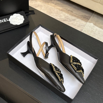 CC 26P Rhinestone-Encrusted Bow Slingback Black Leather 907739