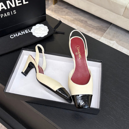 CC 26s Square Cap Toe Slingback 7cm Black Cream Lambskin Patent Leather 958025