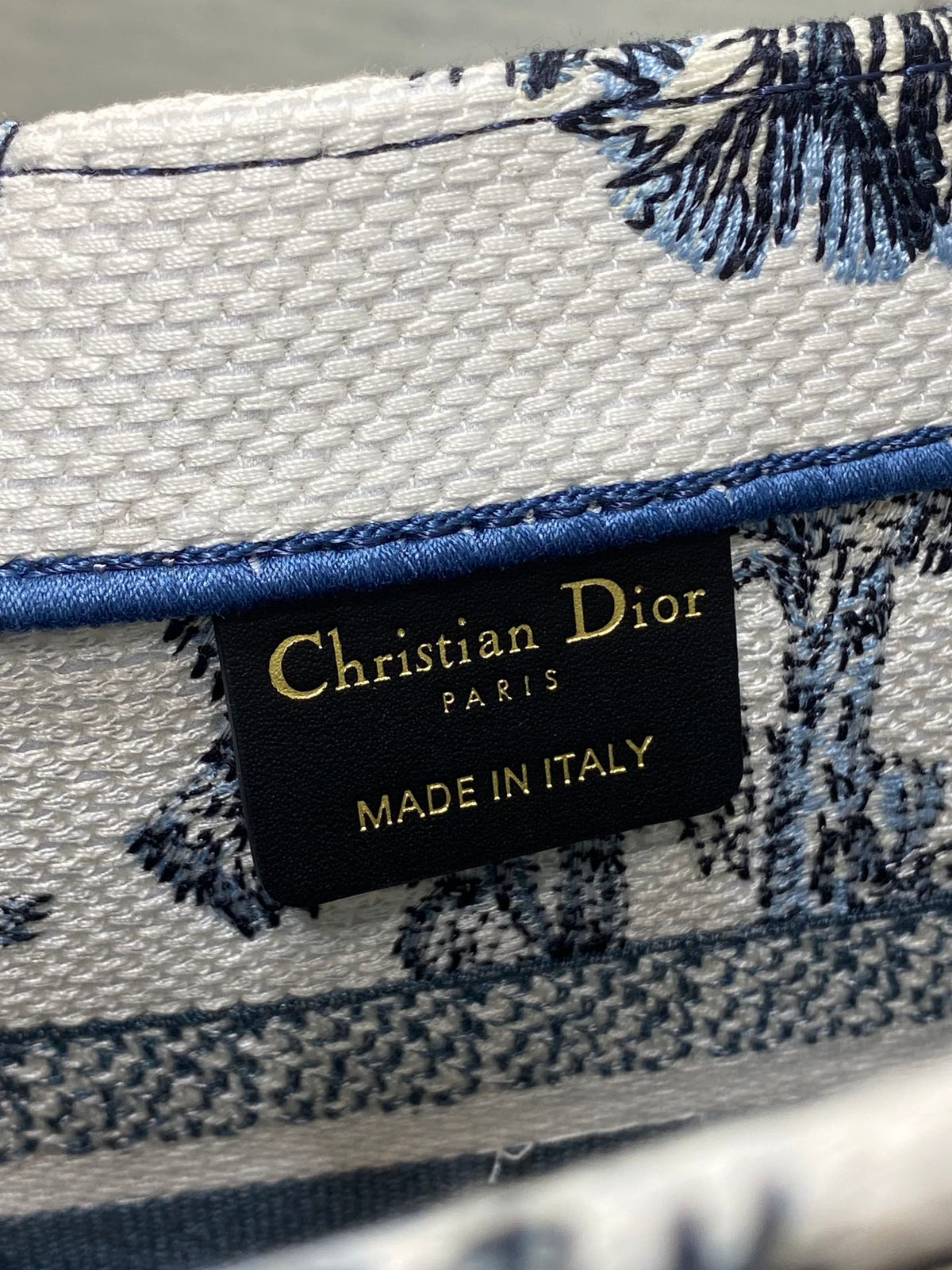 CD Small Dior Book Tote Tropical Pattern Slate Blue White Cotton