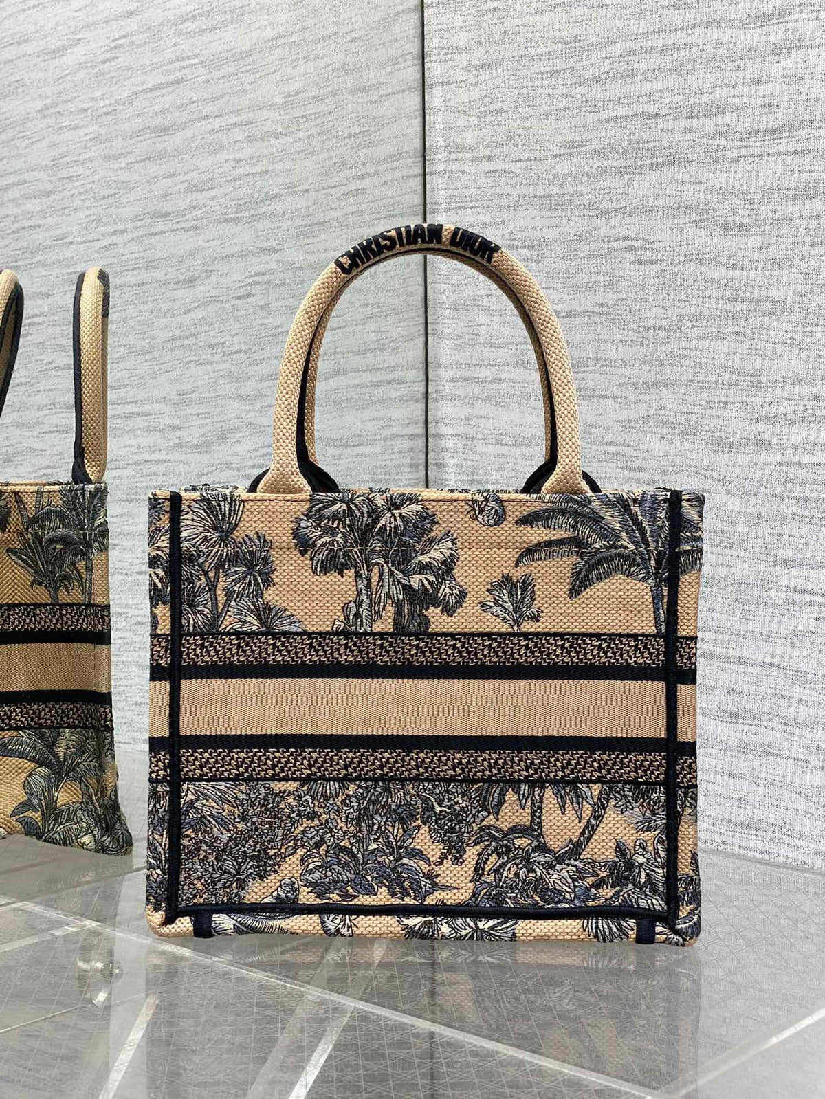CD Small Dior Book Tote Tropical Pattern Black Beige Cotton