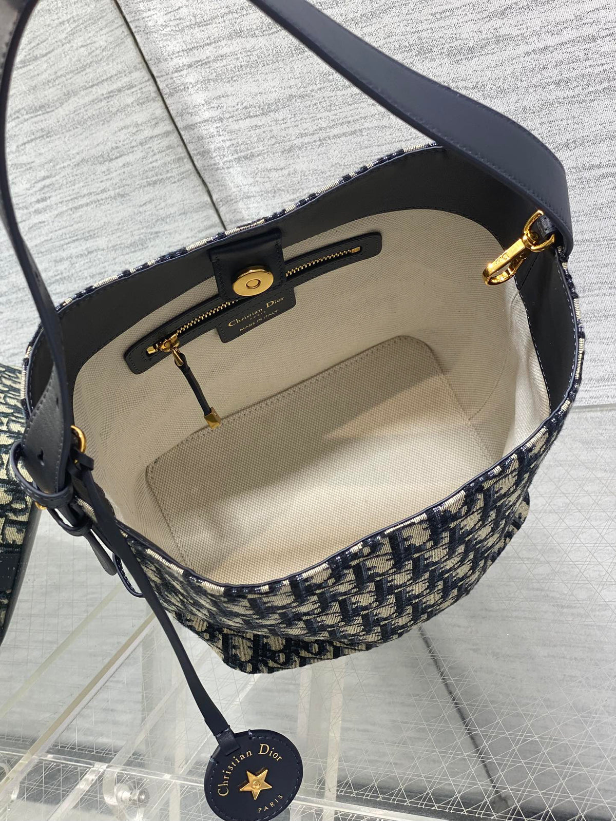Dior 2025 Star Bucket Bag Navy Blue mix Beige Canvas Leather 270450