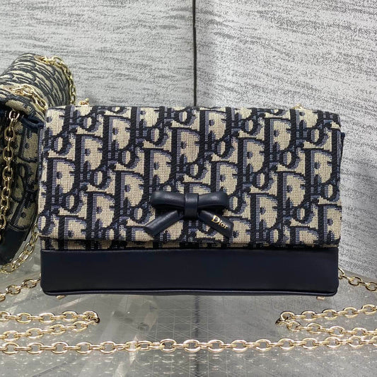 Dior 2026 Oblique Bow Bag 21cm Blue Beige Fabric Leather 378809