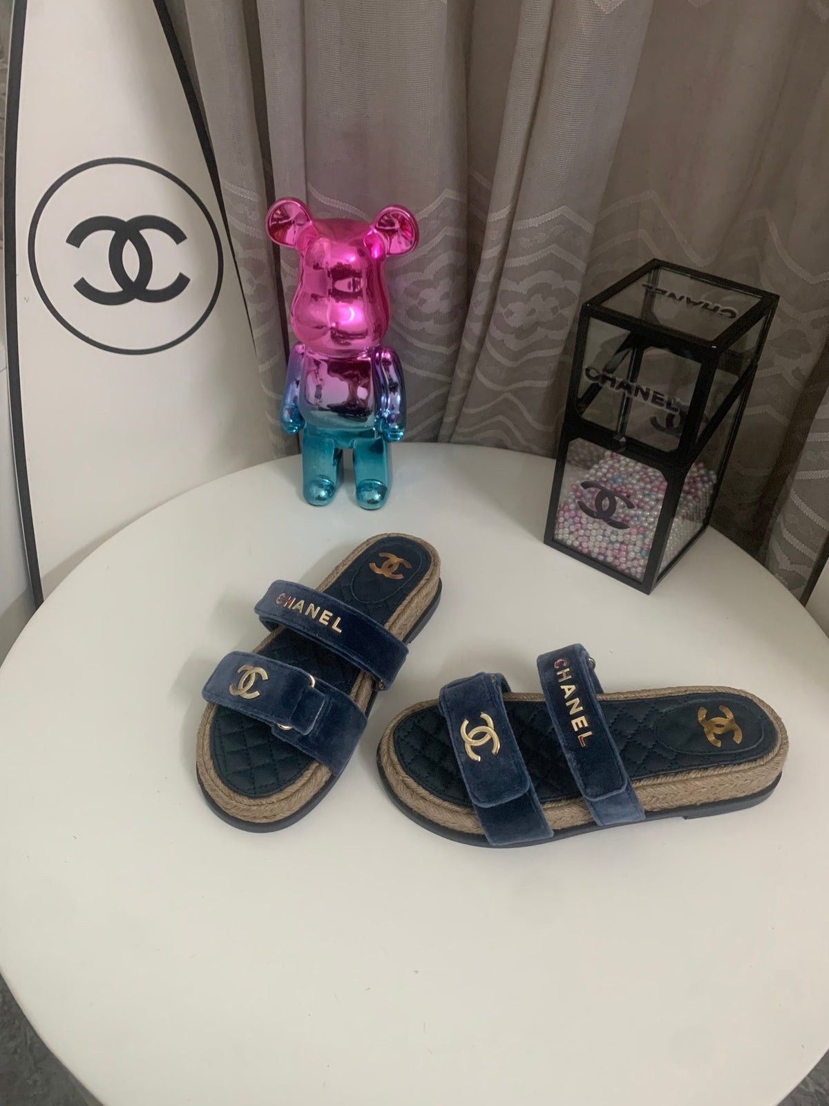 CC 26s Hemp Rope Platform Sandals Navy Blue Quited Sheepskin Velvet 862301