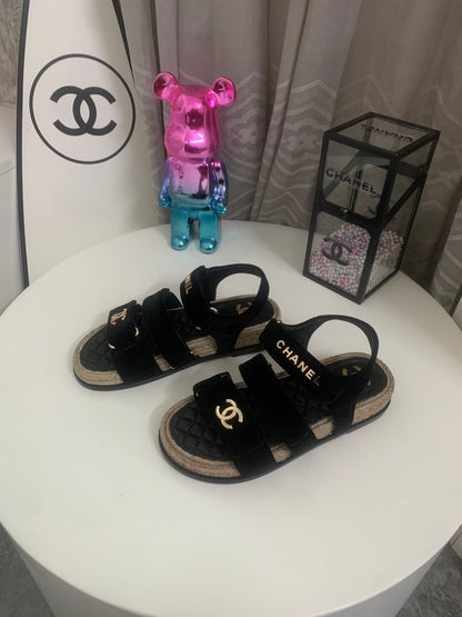 CC 26s Strappy Sandals In Black Velvet With Rope Sole Gold Hardware