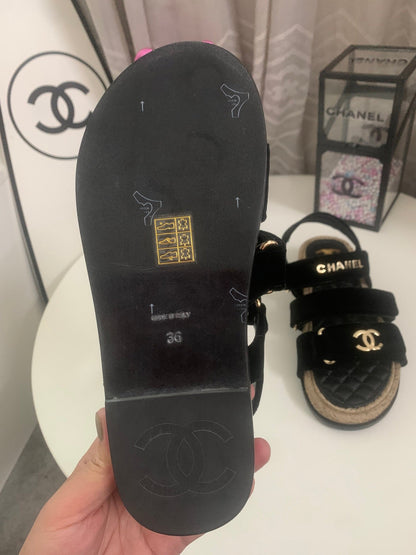 CC 26s Strappy Sandals In Black Velvet With Rope Sole Gold Hardware
