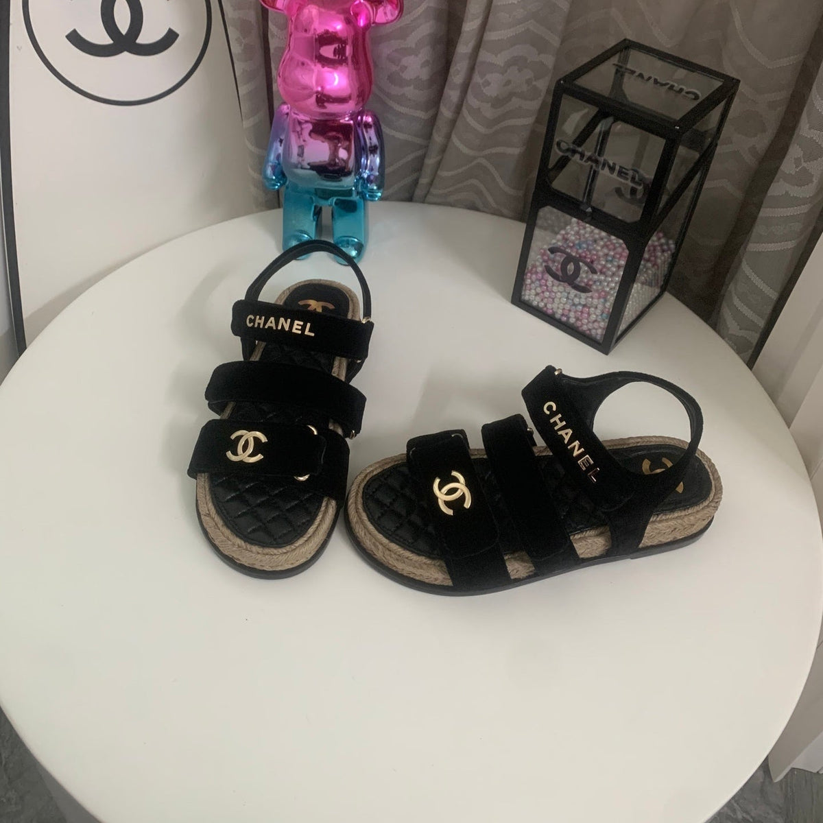 CC 26s Strappy Sandals In Black Velvet With Rope Sole Gold Hardware