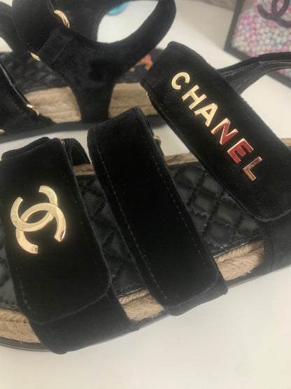 CC 26s Strappy Sandals In Black Velvet With Rope Sole Gold Hardware