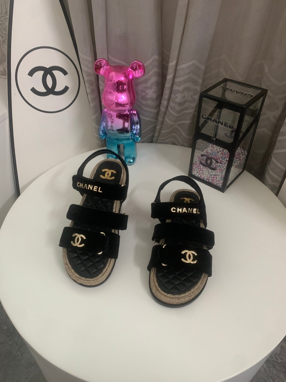 CC 26s Strappy Sandals In Black Velvet With Rope Sole Gold Hardware