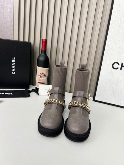 CC 26s Combat Sock Boots Taupe Calfskin Ribbed Knit 924505