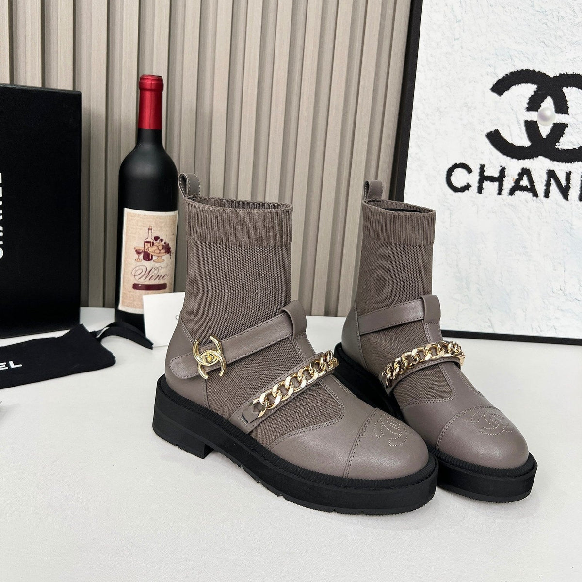 CC 26s Combat Sock Boots Taupe Calfskin Ribbed Knit 924505