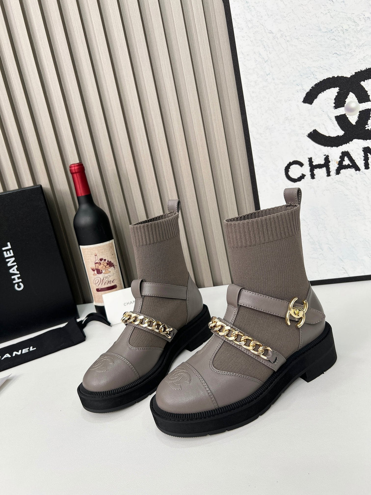 CC 26s Combat Sock Boots Taupe Calfskin Ribbed Knit 924505