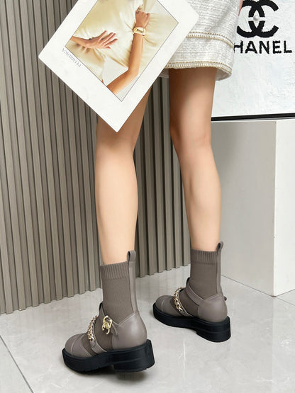 CC 26s Combat Sock Boots Taupe Calfskin Ribbed Knit 924505