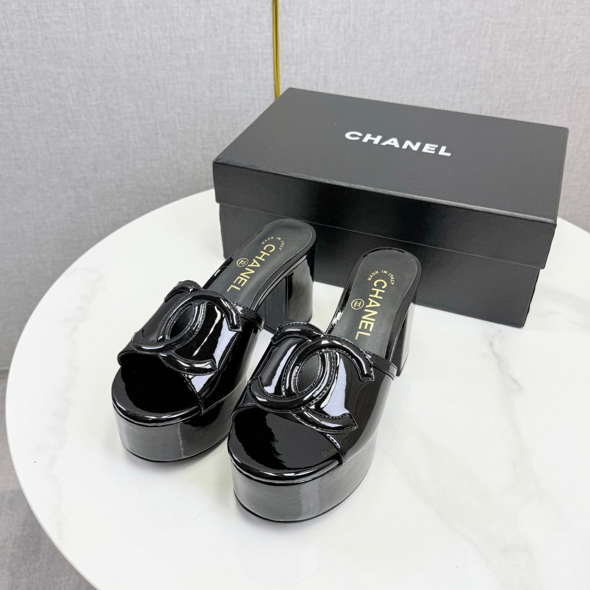 CC 26s Block Heel Sandals 10cm Black Patent Calfskin